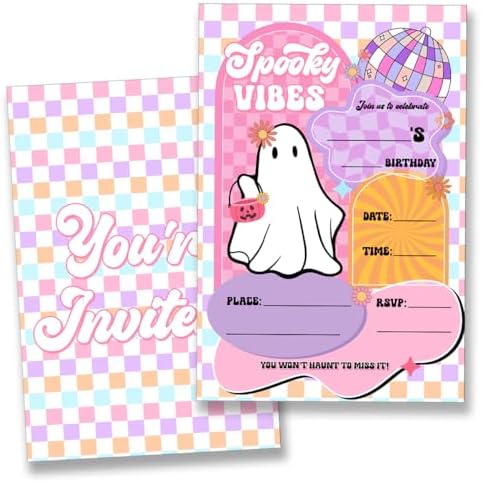 Cute Pink Halloween Birthday Party Invitations with Envelopes