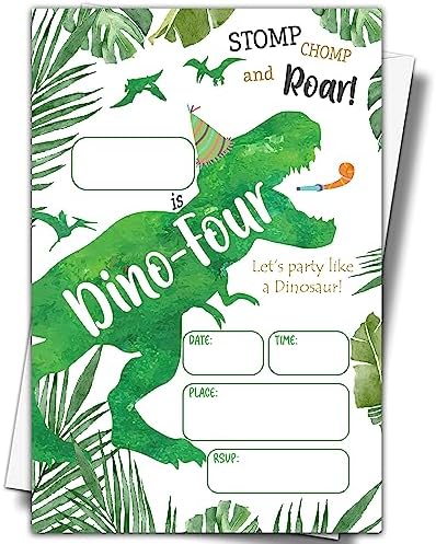 YSTEP 4th Birthday Invitations 4x6 Dinosaur Set