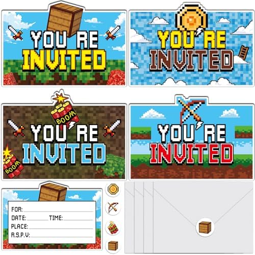 28 Piece Pixel Birthday Invite Set with Envelopes and Stickers