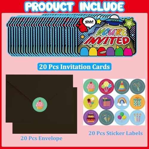 20pcs Space Game Birthday Invitations with Sticker Labels
