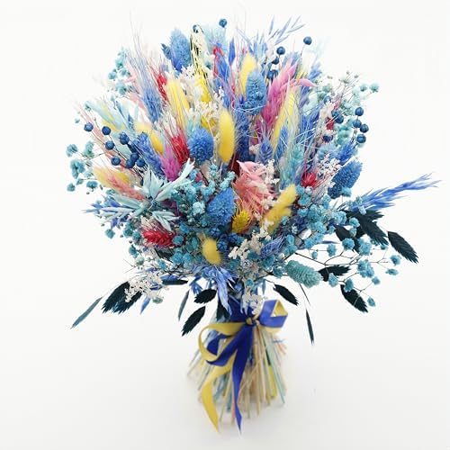 128PCS Dried Flowers and Blue Pampas Grass Bouquet