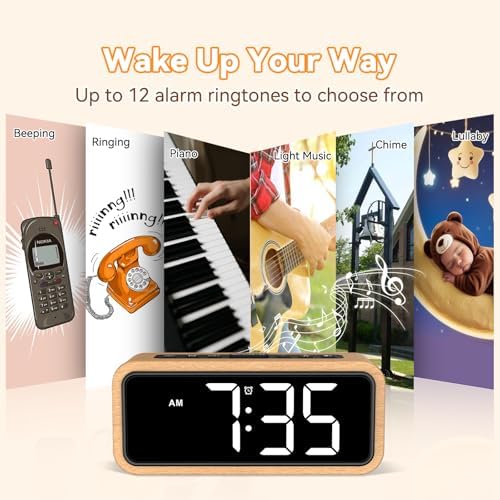Netzu Wooden Alarm Clock with 5 Volumes and 12 Ringtones