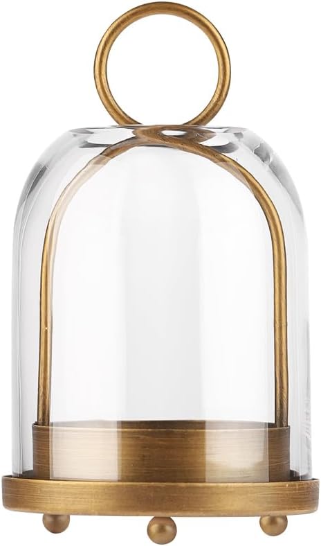 75 Inch High Modern Metal Hurricane Lantern with Brass Finish and Glass Dome