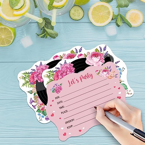 ERHACHAIJIA 20PCS Pink Flowers Vinyl Records Party Invites