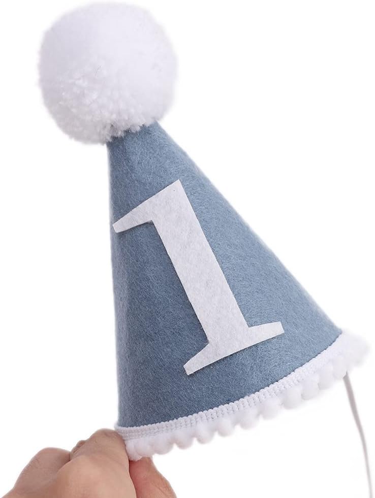 WAWUO Baby Party Hat First Birthday Gray Blue Wool Felt Handmade