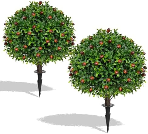 Artificial Olive Boxwood Topiary Ball Trees 2 Set 16 Inch UV Resistant