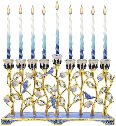 The Dreidel Company Hanukkah Menorah with Pomegranate and Blue Bird Design