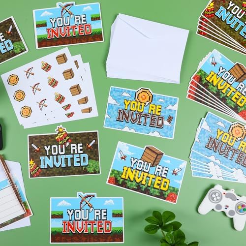 28 Piece Pixel Birthday Invite Set with Envelopes and Stickers