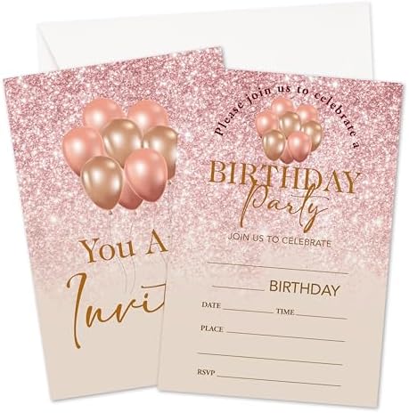 Pink Glitter Birthday Invites Cards with Envelopes - 20PCS