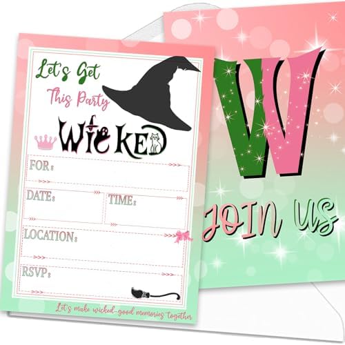 Green Pink Witch Themed Party Invites 15 Cards with Envelopes