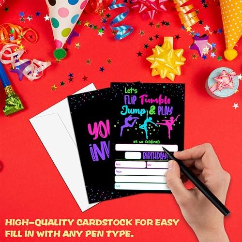Neon Glow Gymnastics Birthday Invites for Teens