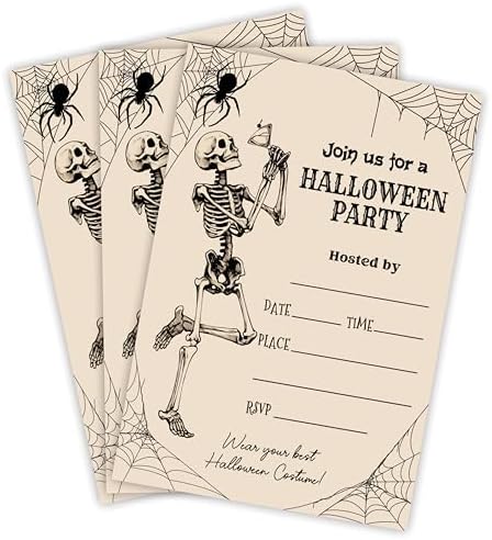 EXW Halloween Party Invitations With Envelopes - Retro Skeleton Spiderwebs - 20 Set