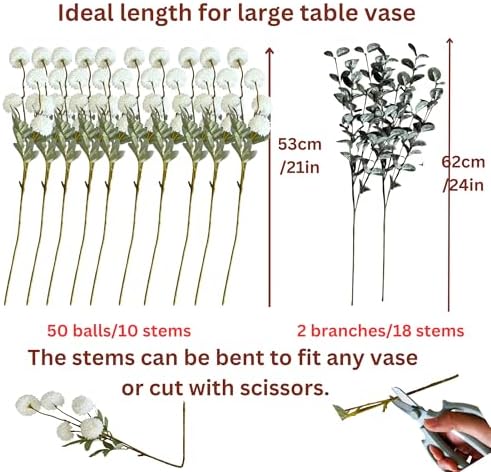 RyddeligHome White Faux Flowers for Vase - 10 Stems Eucalyptus
