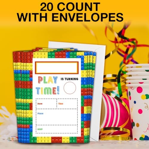 Qlnuk Building Blocks Birthday Invites With Envelopes Set of 20