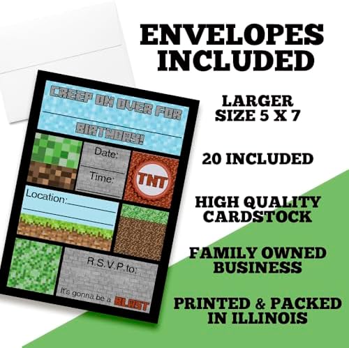 Creepy Pixel Miner Birthday Invites 20 5x7 Fill-In Cards with Envelopes