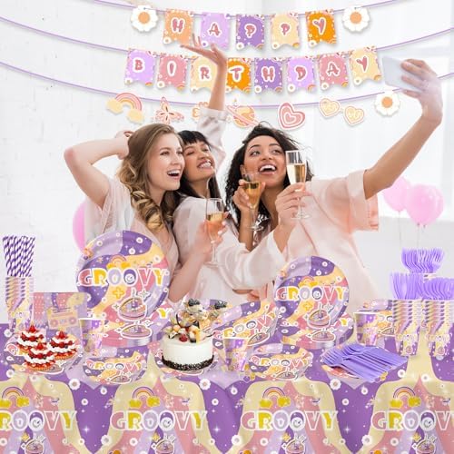 202 Pcs Groovy Party Decorations with Plates Napkins Tablecloth Banner