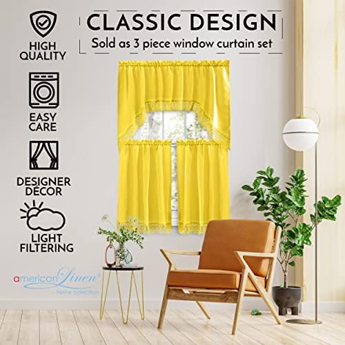 American Linen Caf Curtains with Valance and Embroidered Border