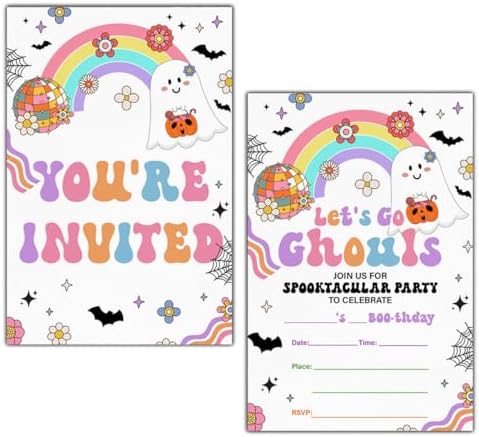 Halloween Birthday Invitations Groovy Rainbow Ghost Lets Go Ghouls 20 Pack