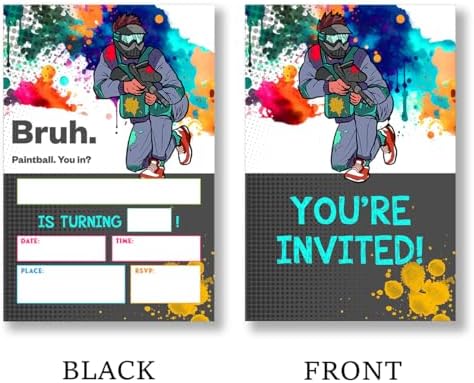 Paintball Birthday Invitation Set with Envelopes for Teen Boys