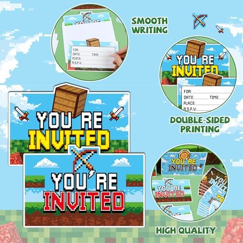 28 Piece Pixel Birthday Invite Set with Envelopes and Stickers