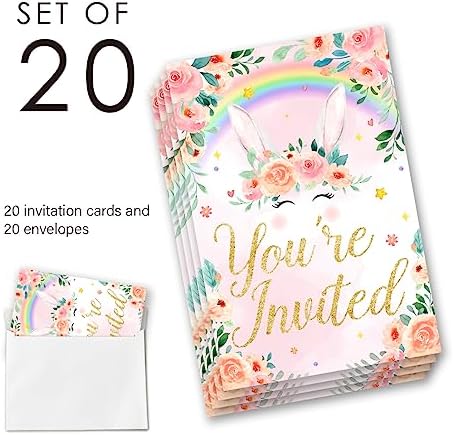 EUDOSI Rainbow Bunny Birthday Invitations Set of 20 with Envelopes