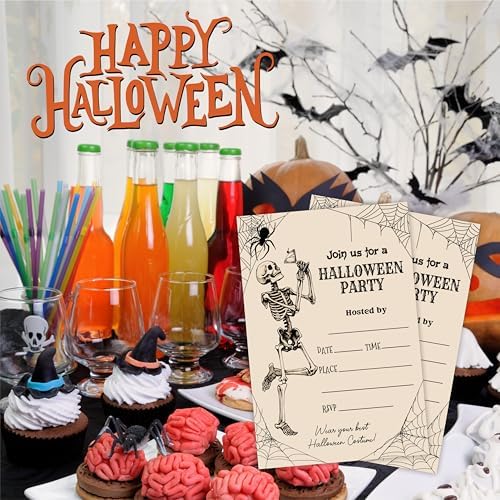 EXW Halloween Party Invitations With Envelopes - Retro Skeleton Spiderwebs - 20 Set