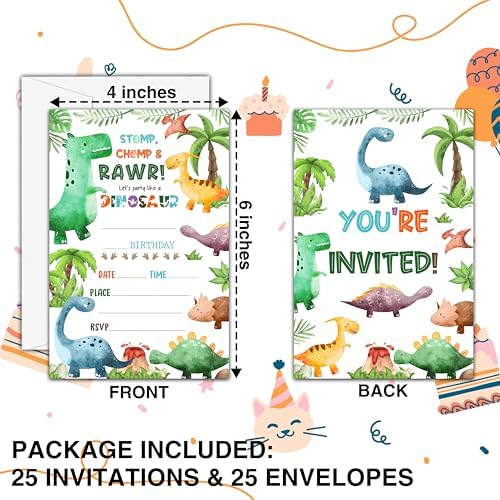 Dinosaur Birthday Invitations 25 Double Sided Cards with Envelopes