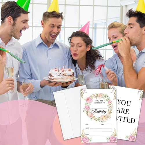 Pink Floral Birthday Party Invitations 20 Pcs with Envelopes