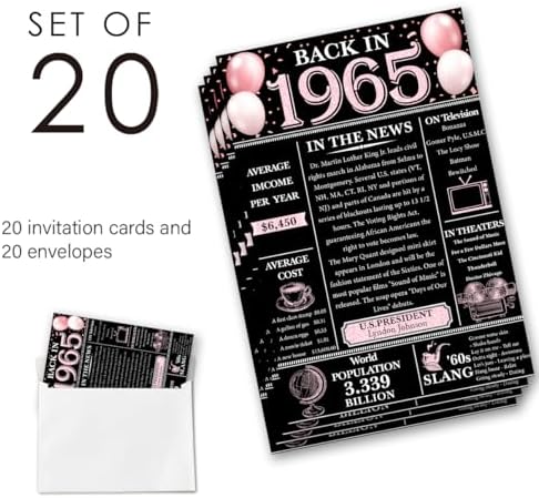 60th Birthday Invites Set - Pink Retro 1965 Design for Women and Men