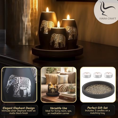 Iyara Craft Elephant Tealight Candle Holder Set 3