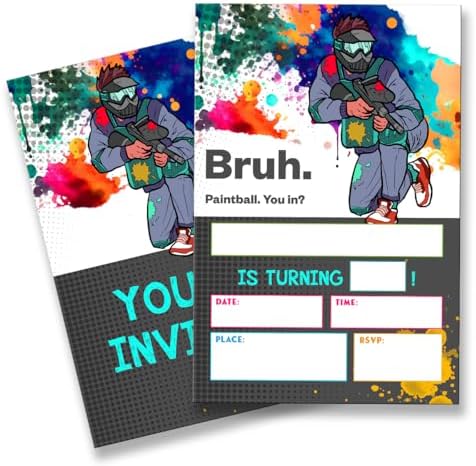 Paintball Birthday Invitation Set with Envelopes for Teen Boys