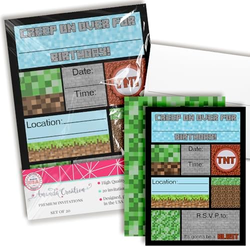 Creepy Pixel Miner Birthday Invites 20 5x7 Fill-In Cards with Envelopes
