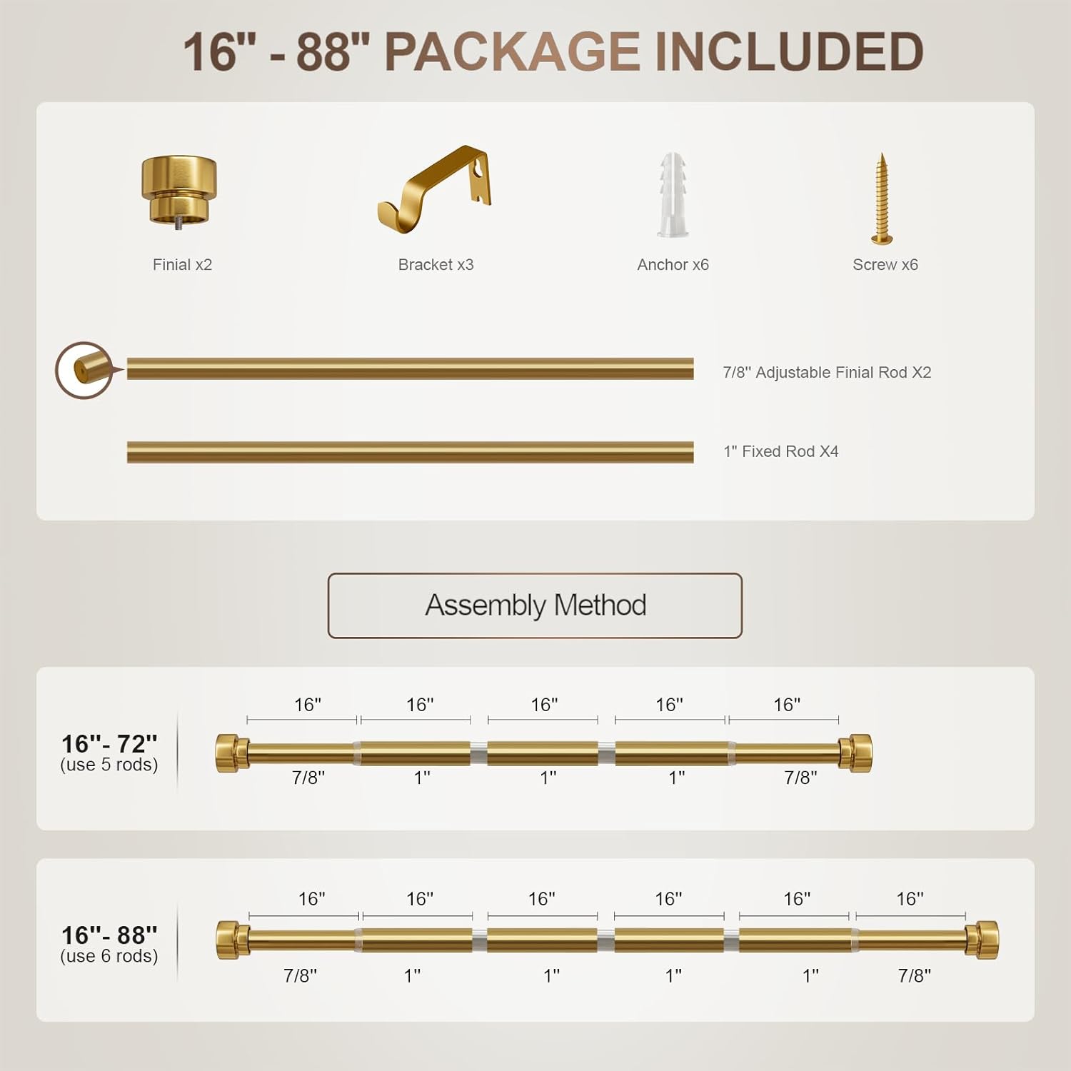 Modern Gold Curtain Rod with Solid Metal Finials 1 Diameter
