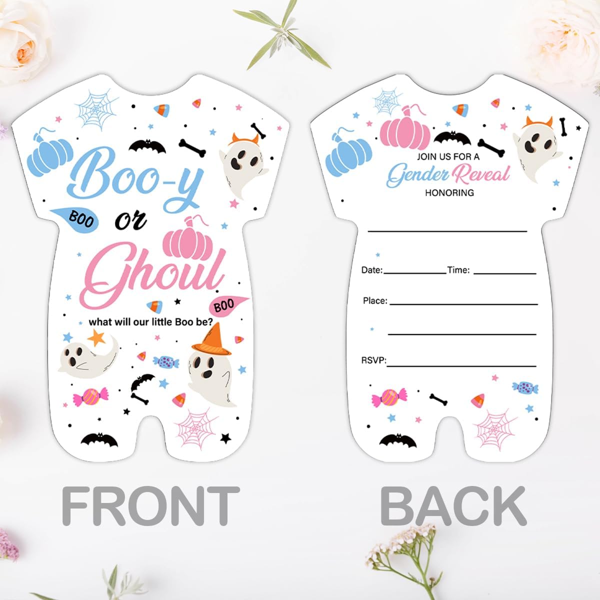 Halloween Gender Reveal Invitations Boo or Ghoul Shaped Set of 20