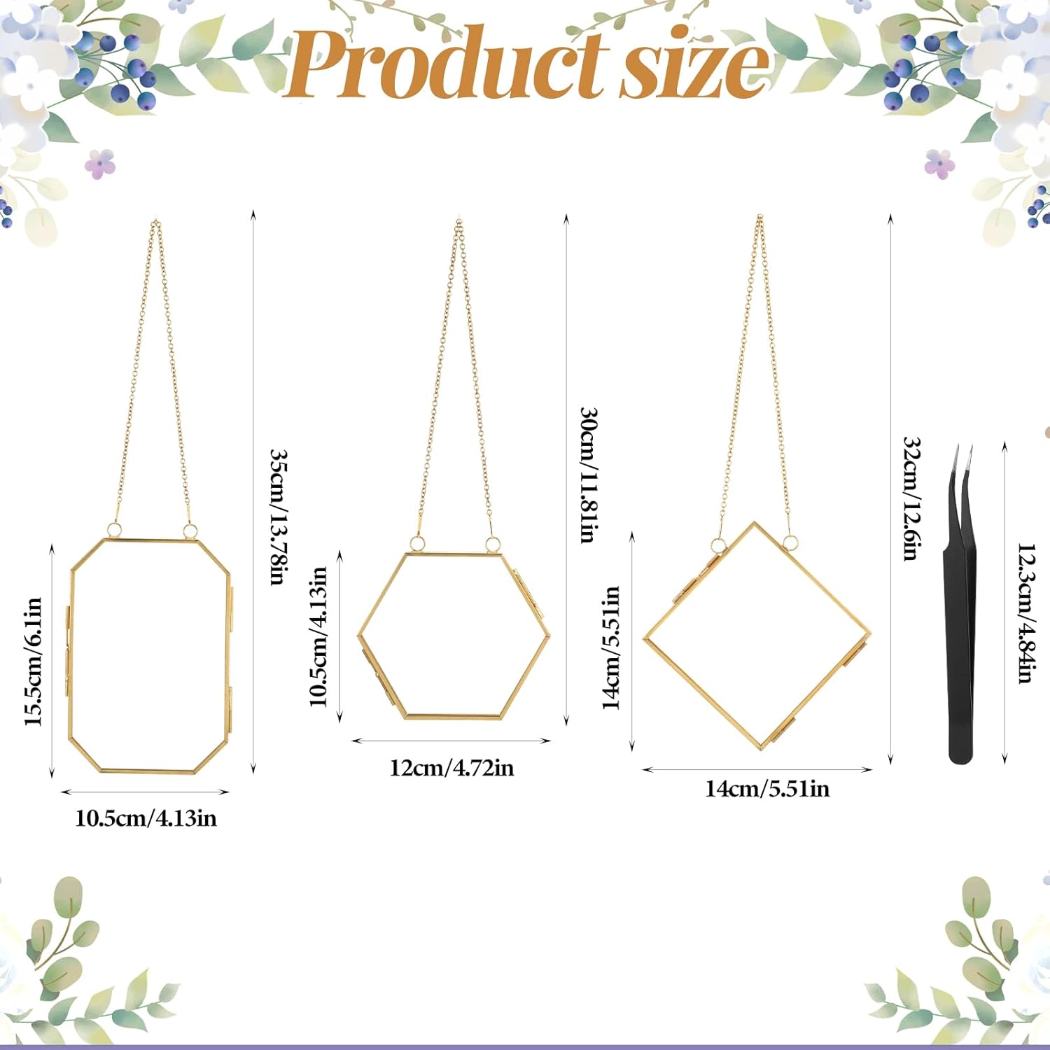 3pcs Pressed Flower Frames with Gold Chain Brass Wall Hanging Display