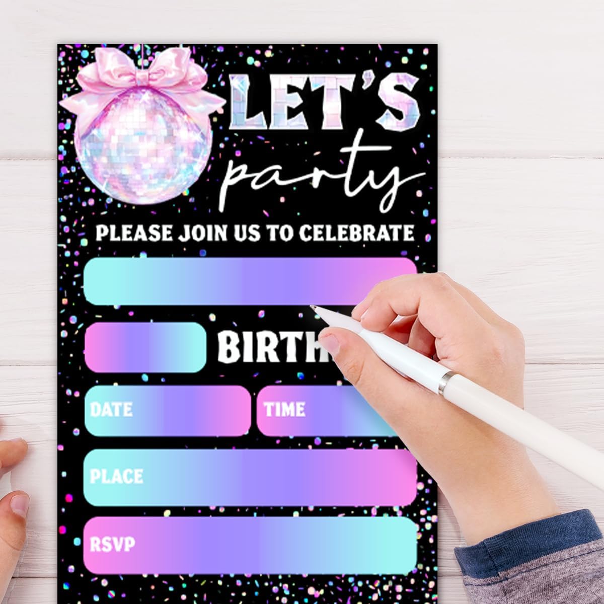 Glitter Disco Birthday Party Invitations with Pink Bow Design