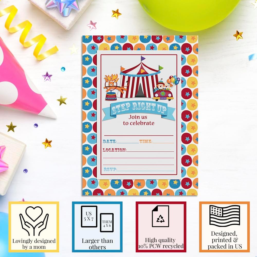 Carnival Circus Invitations 5x7 Fill-In Cards with 20 Envelopes