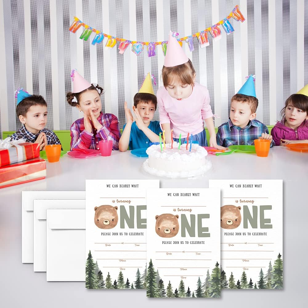 Woodland Bear First Birthday Invitation Set 024