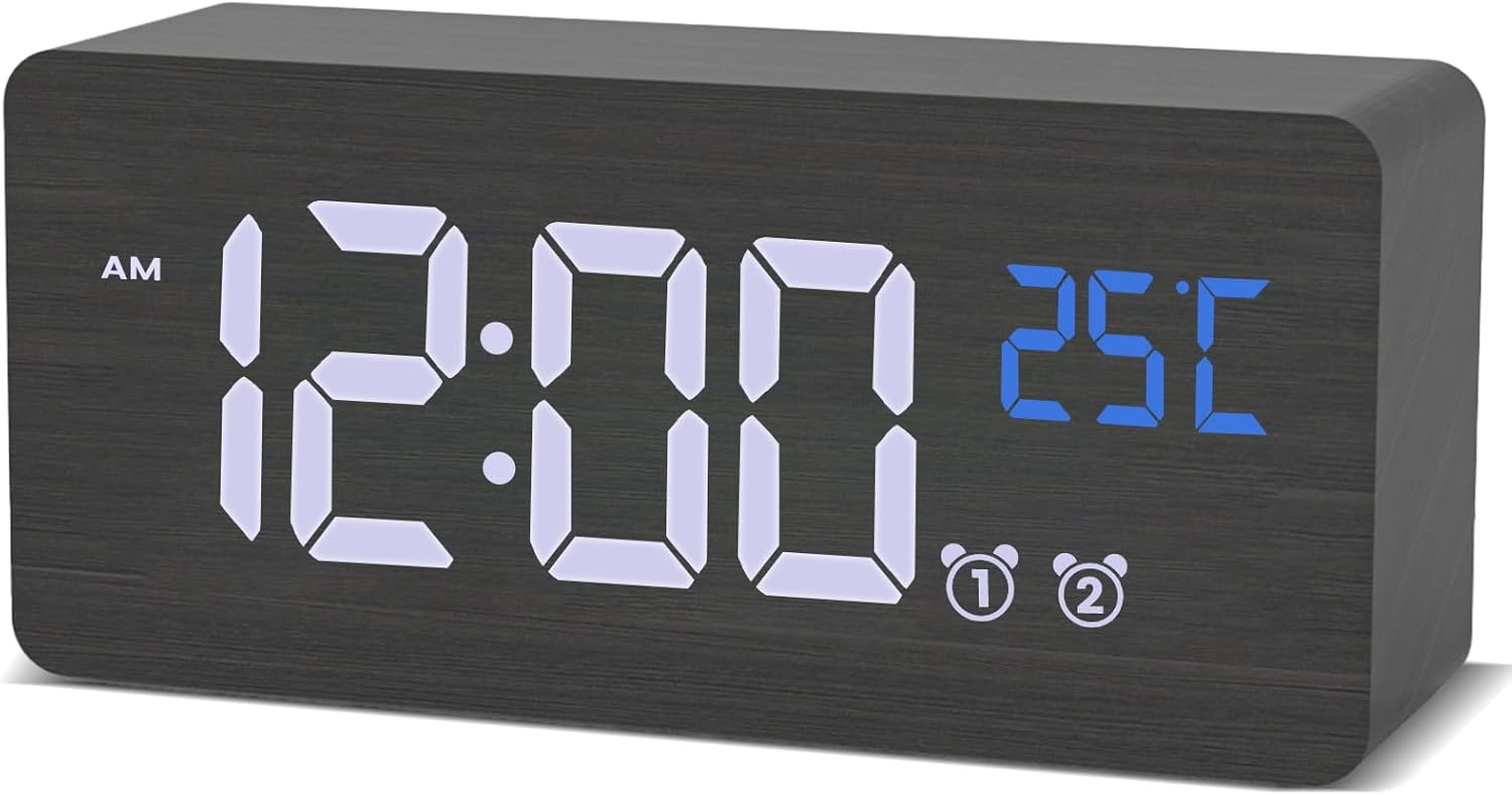 Wooden Digital Alarm Clock with Dual Alarms and Dimmer