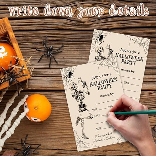 EXW Halloween Party Invitations With Envelopes - Retro Skeleton Spiderwebs - 20 Set