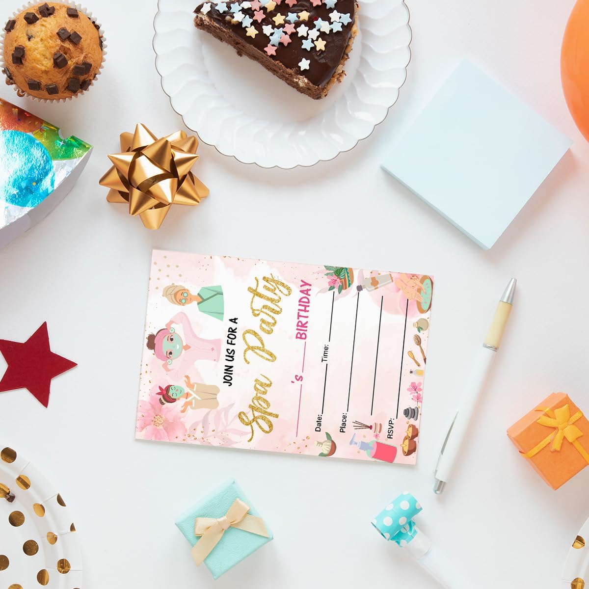 EUDOSI Pink Spa Birthday Party Invites Set of 20 with Envelopes