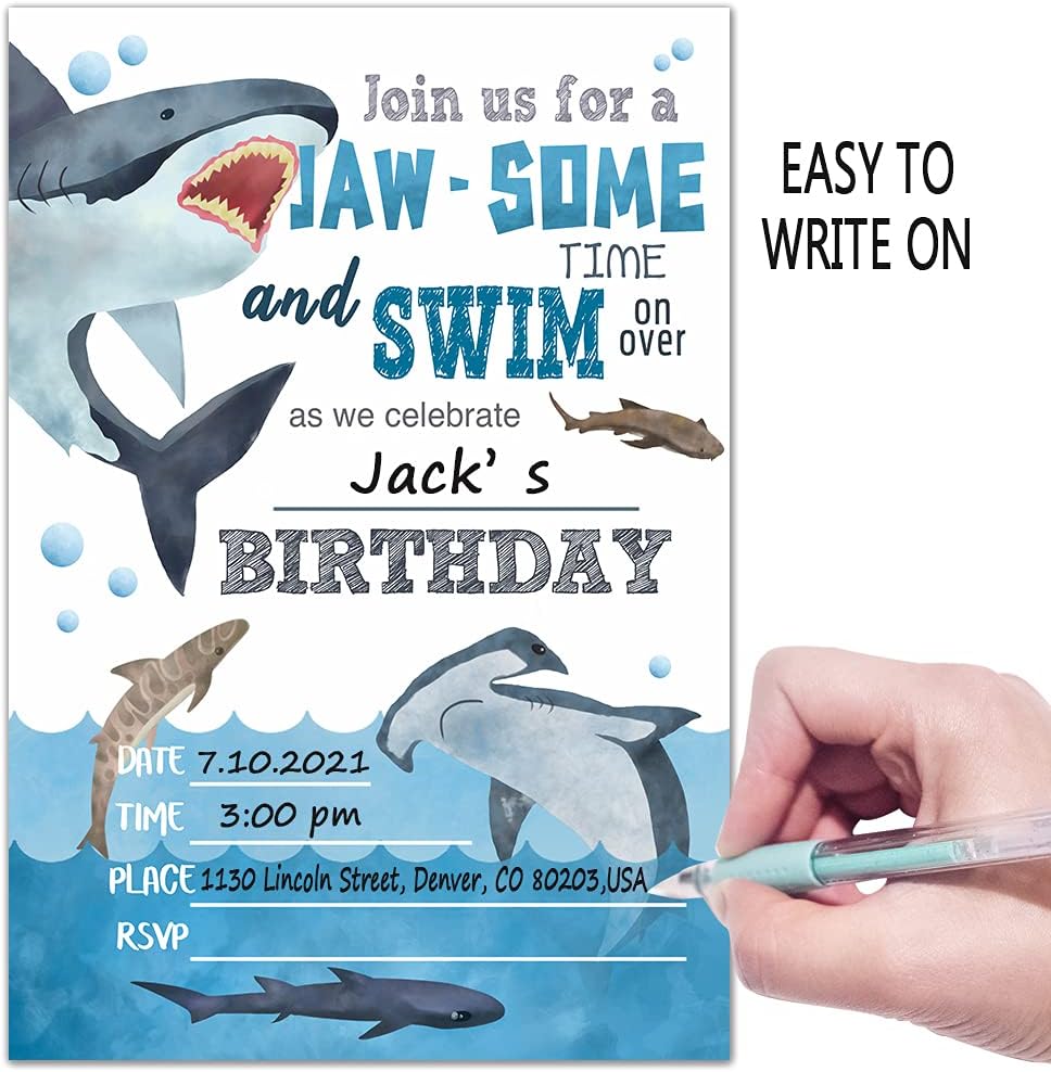 Ukebobo Shark Birthday Invitations with Envelopes 20 Cards Set