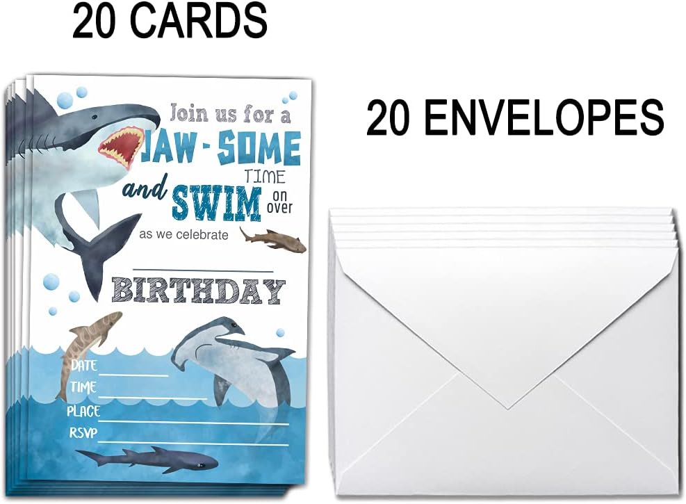 Ukebobo Shark Birthday Invitations with Envelopes 20 Cards Set