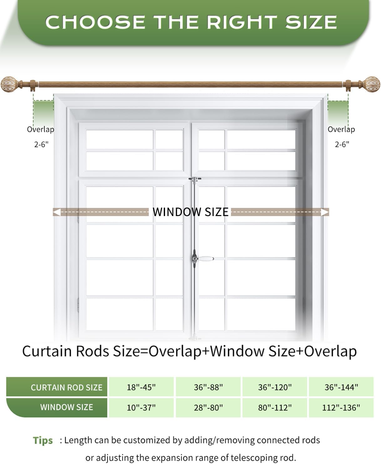 KVEEO Decorative Wood Grain Curtain Rods 36-88 Inch Adjustable