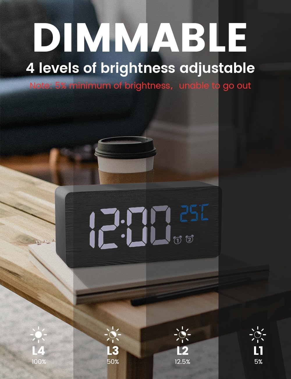 Wooden Digital Alarm Clock with Dual Alarms and Dimmer