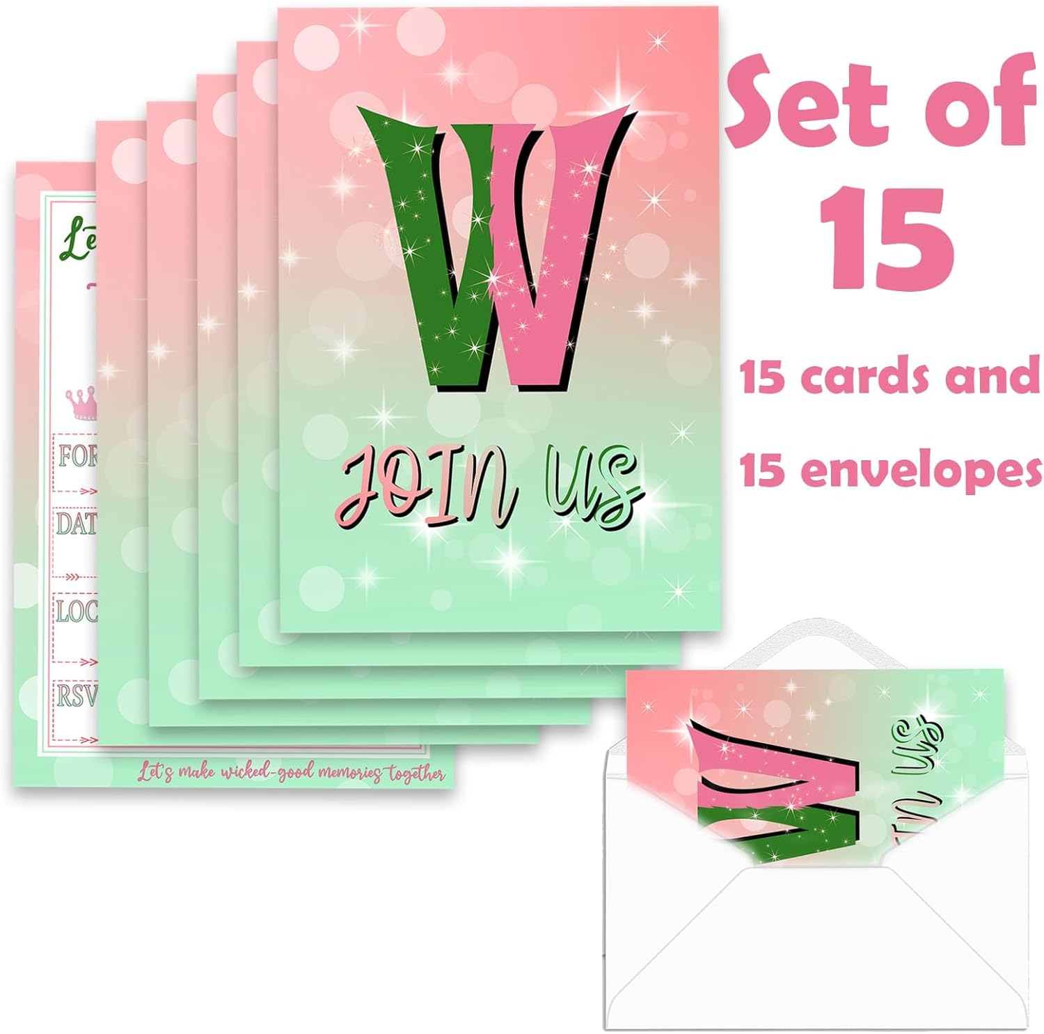Green Pink Witch Themed Party Invites 15 Cards with Envelopes