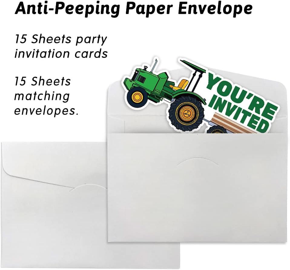 15 Sheet Green Tractor Party Invitation Set