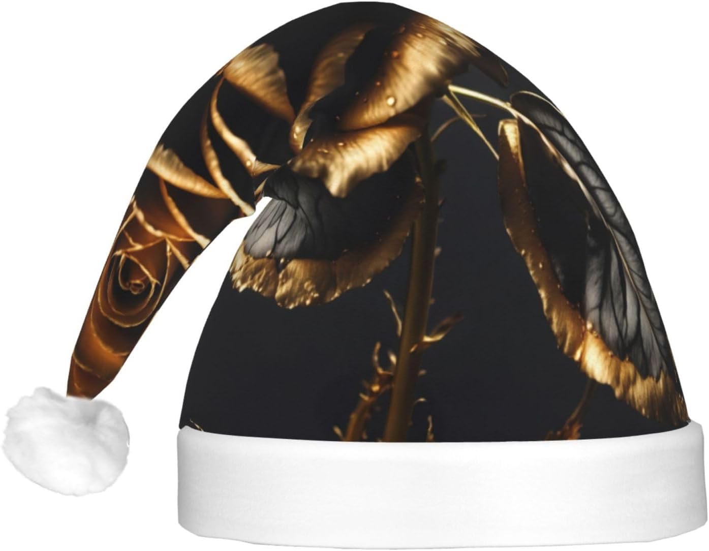 Black And Gold Flowers Print Christmas Hat with LED Lights
