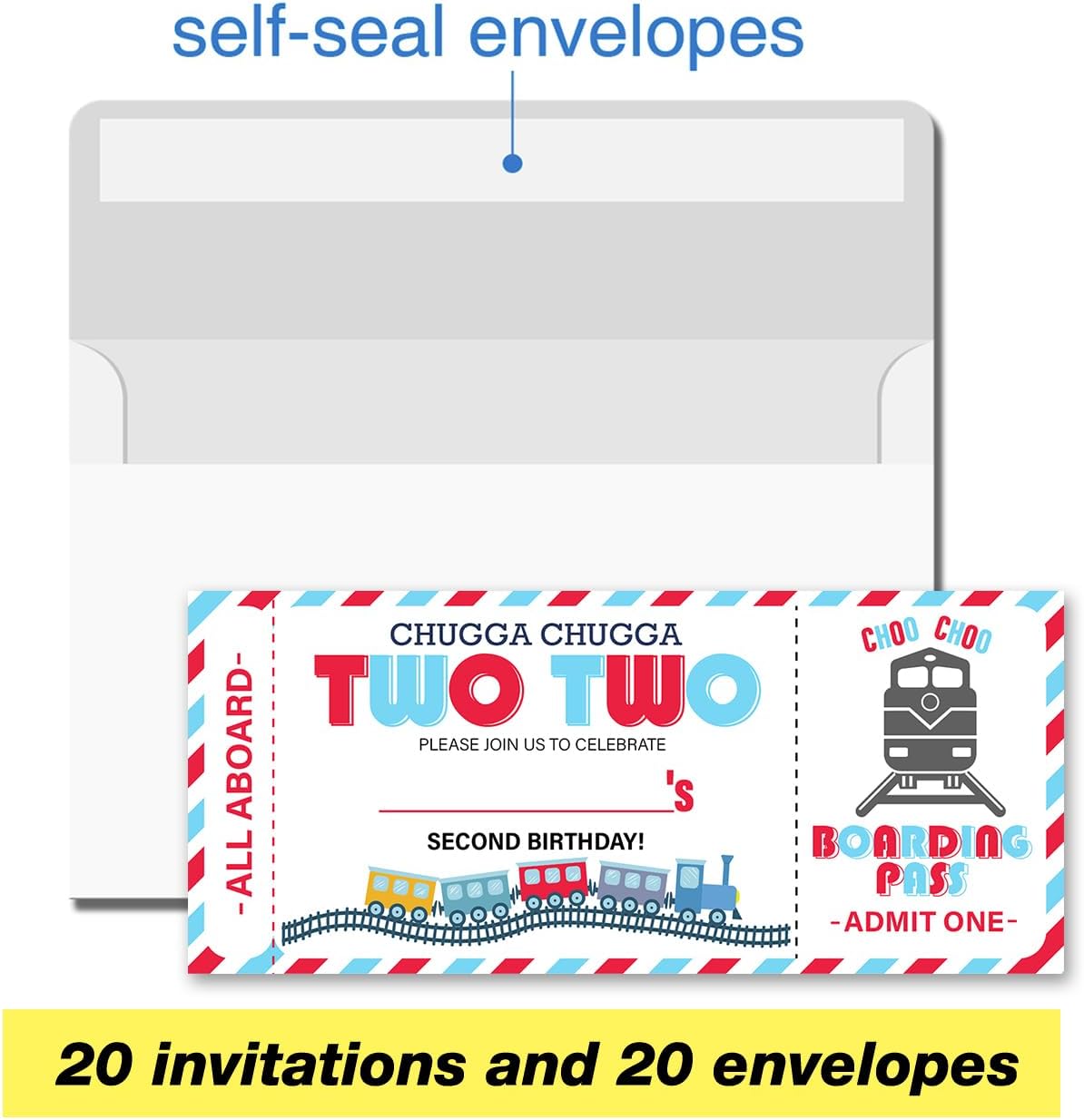 VAHATAN 2nd Birthday Train Ticket Invitations 20 Pack with Envelopes
