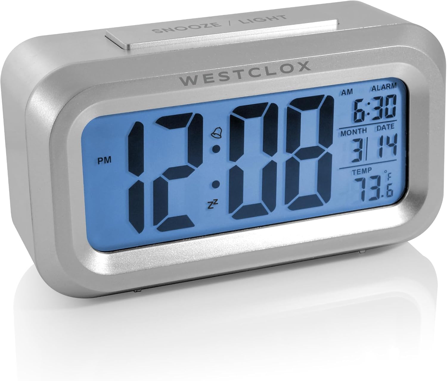 Westclox Digital Alarm Clock with Blue Backlight Temperature and Date Display Silver